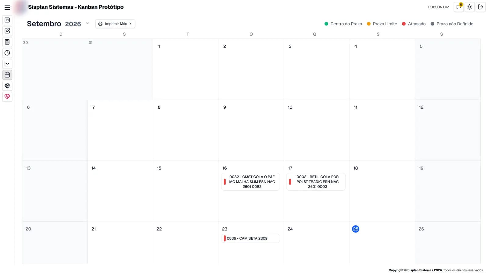 Calendário do PLM com protótipos nas datas de entrega e legenda de prazo