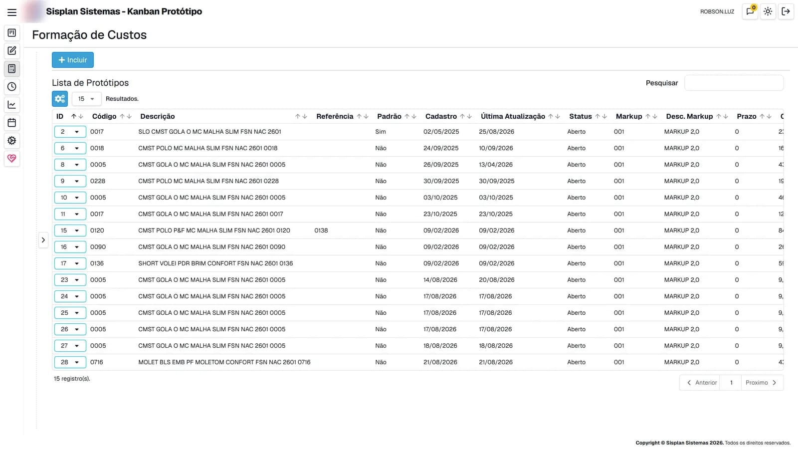 Tela de formação de custos do PLM com lista de protótipos, status e markup