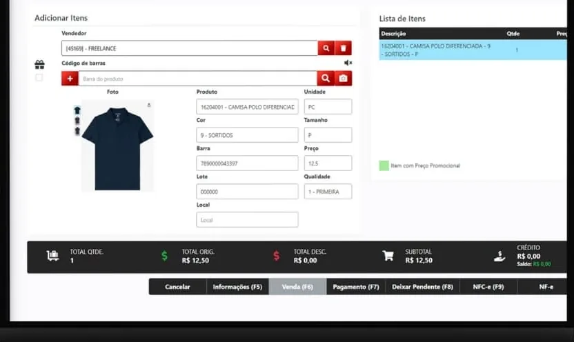 Frente de caixa do Sisplan Web com a peça selecionada, grade de tamanho e cor e o total da venda