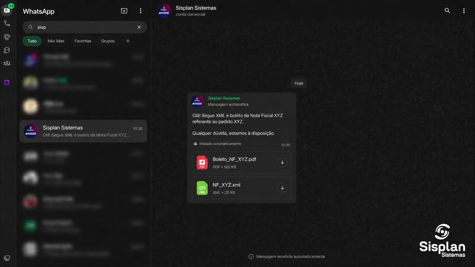 Aviso, cupom e mensagem saindo do ERP direto para o WhatsApp do cliente, pela integração oficial com a Meta. Vídeo oficial Sisplan.
